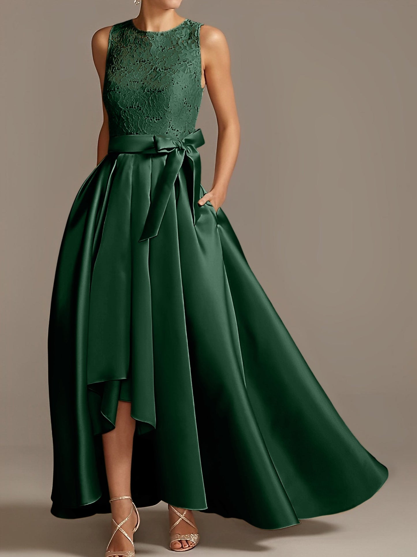 Vestidos de madre de la novia de corte A/princesa, sin mangas, con escote joya y encaje plisado 