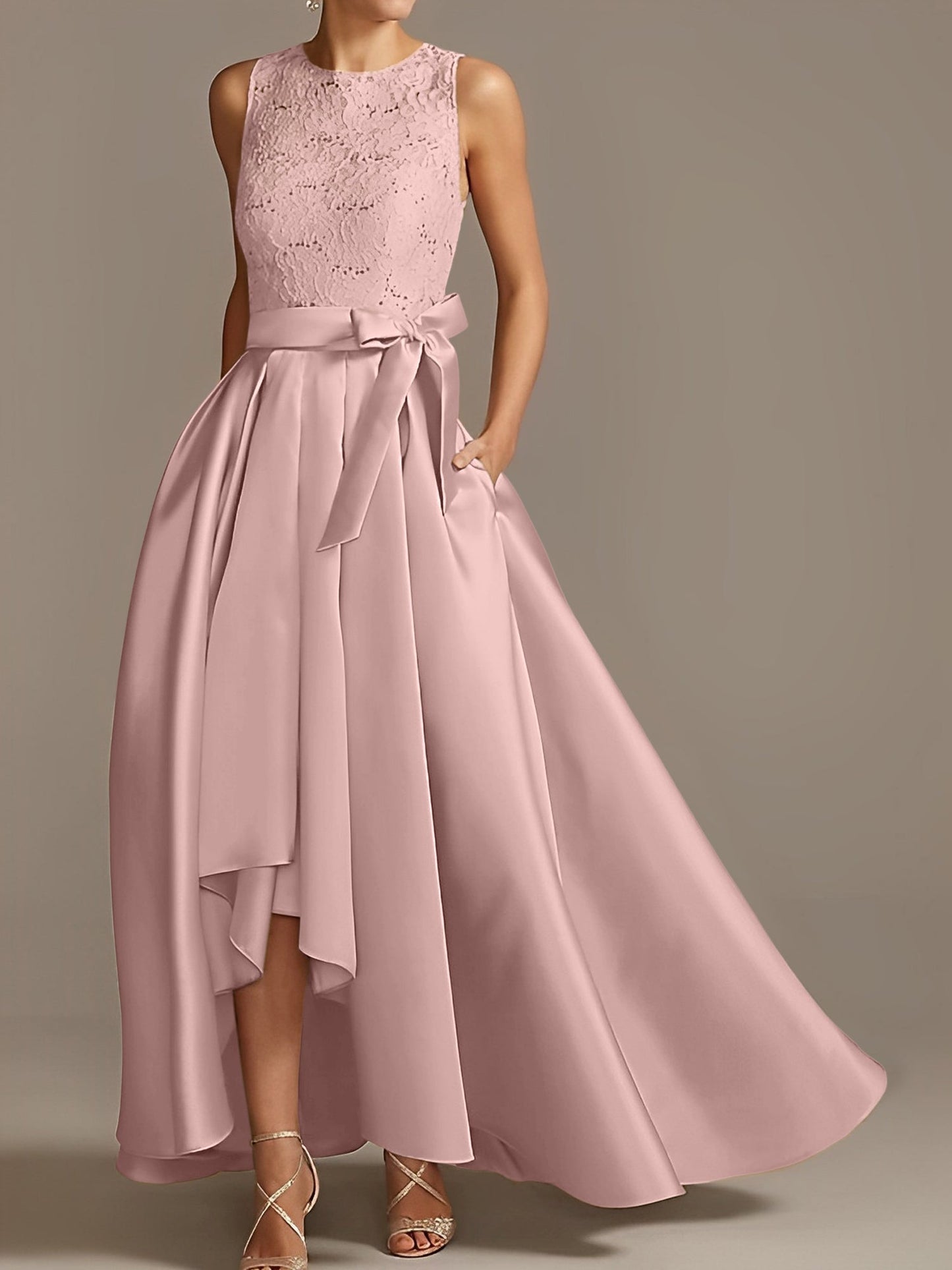 Vestidos de madre de la novia de corte A/princesa, sin mangas, con escote joya y encaje plisado 