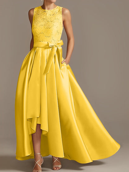 Vestidos de madre de la novia de corte A/princesa, sin mangas, con escote joya y encaje plisado 