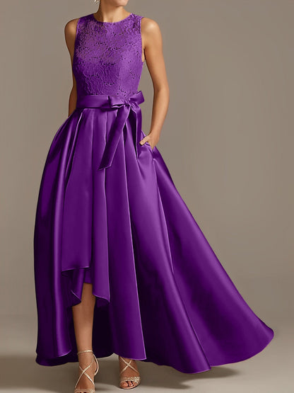 Vestidos de madre de la novia de corte A/princesa, sin mangas, con escote joya y encaje plisado 