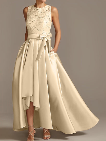 Vestidos de madre de la novia de corte A/princesa, sin mangas, con escote joya y encaje plisado 