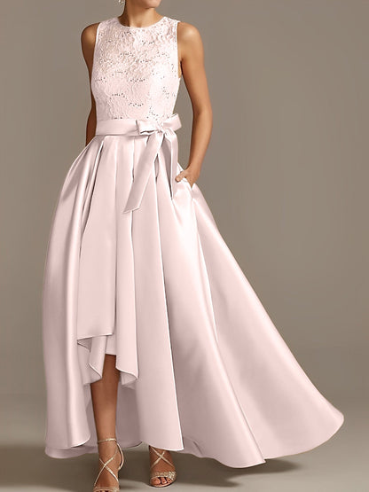 Vestidos de madre de la novia de corte A/princesa, sin mangas, con escote joya y encaje plisado 