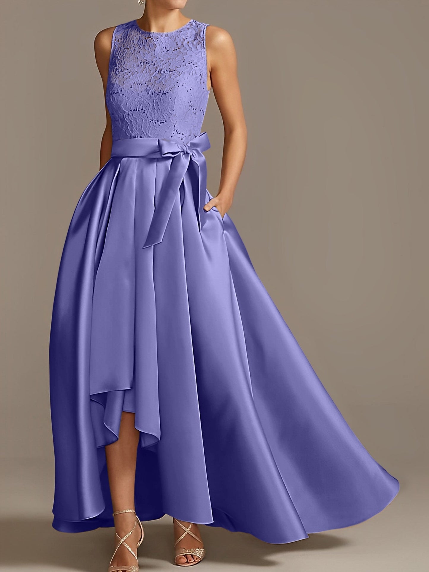 Vestidos de madre de la novia de corte A/princesa, sin mangas, con escote joya y encaje plisado 