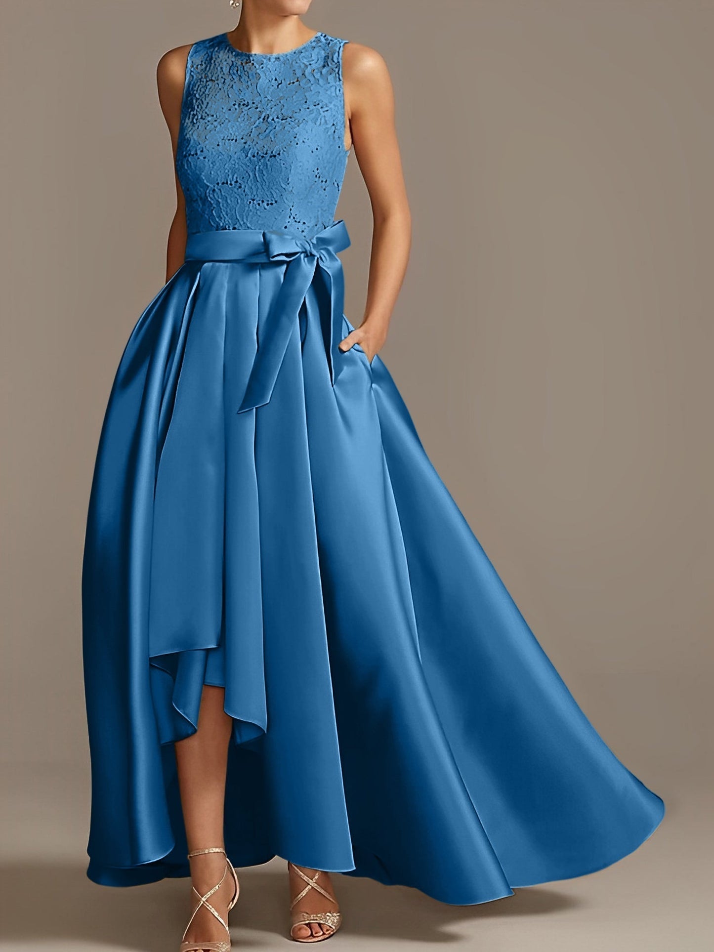 Vestidos de madre de la novia de corte A/princesa, sin mangas, con escote joya y encaje plisado 