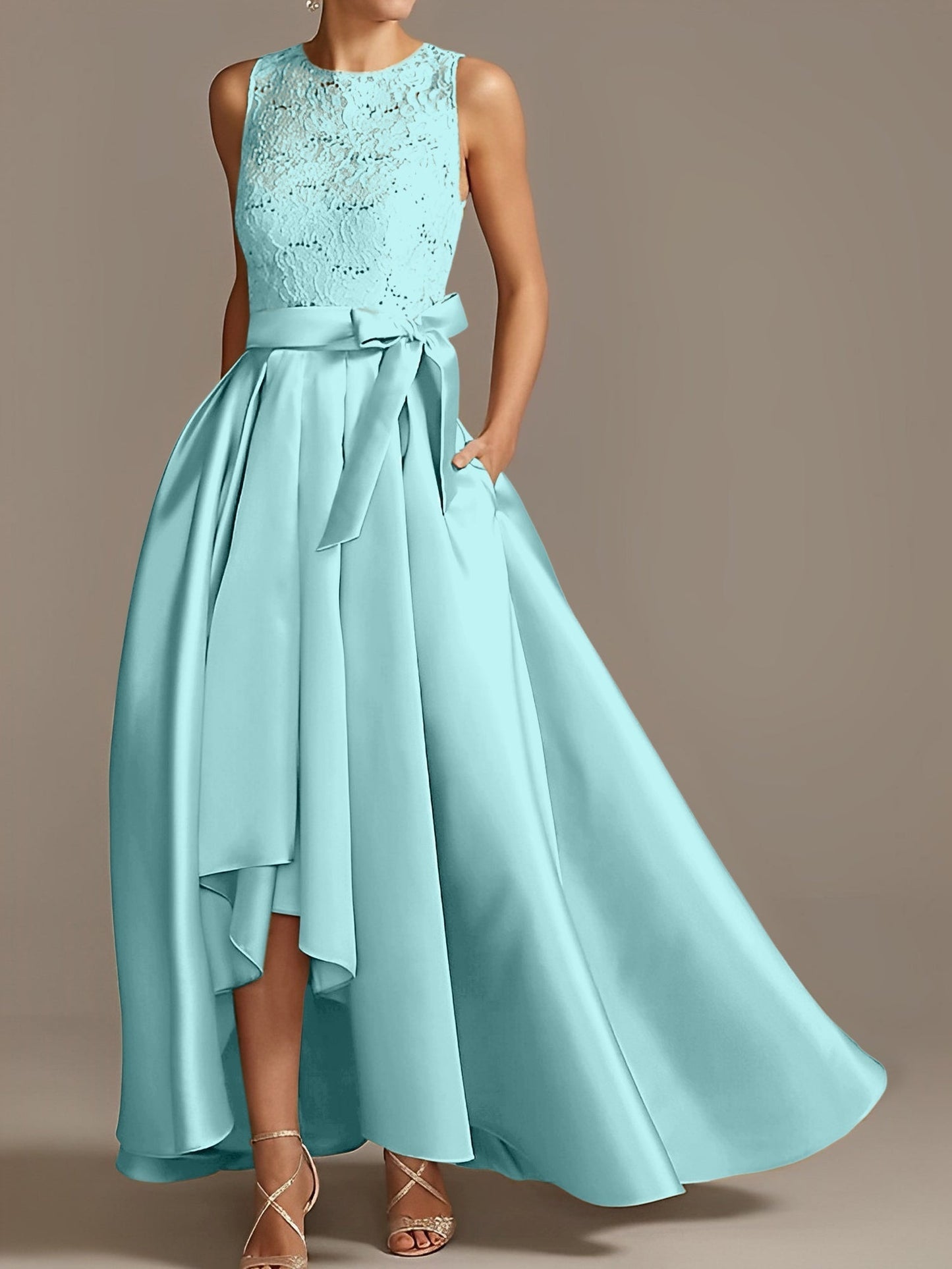 Vestidos de madre de la novia de corte A/princesa, sin mangas, con escote joya y encaje plisado 