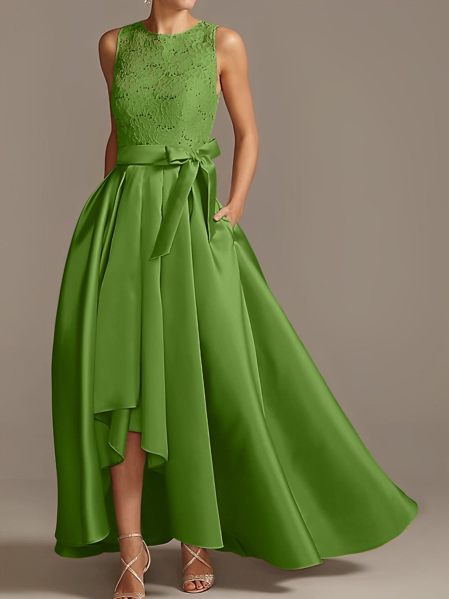 Vestidos de madre de la novia de corte A/princesa, sin mangas, con escote joya y encaje plisado 