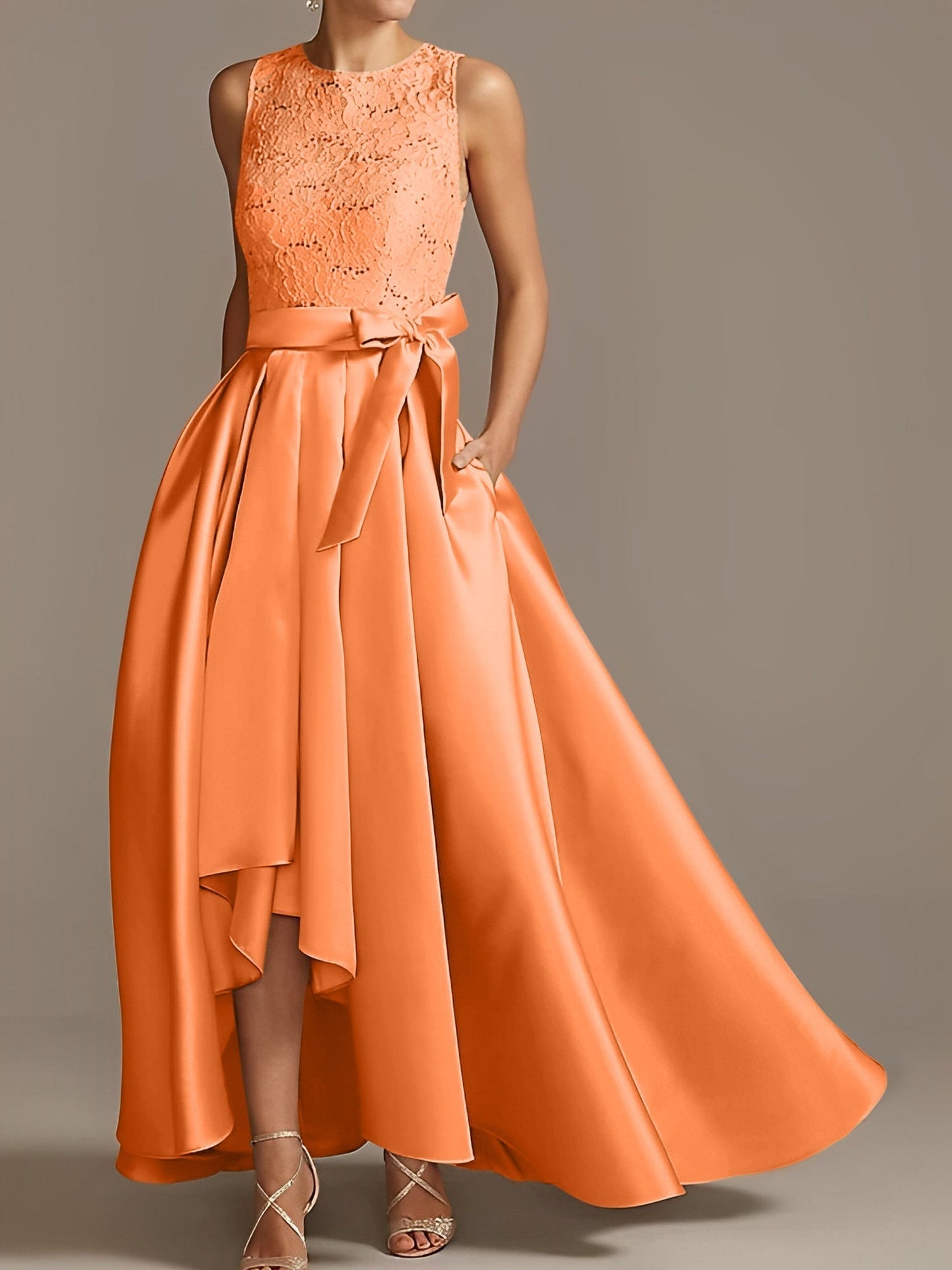 Vestidos de madre de la novia de corte A/princesa, sin mangas, con escote joya y encaje plisado 