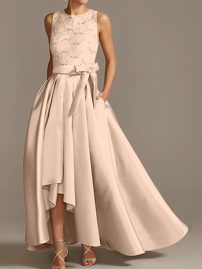 Vestidos de madre de la novia de corte A/princesa, sin mangas, con escote joya y encaje plisado 