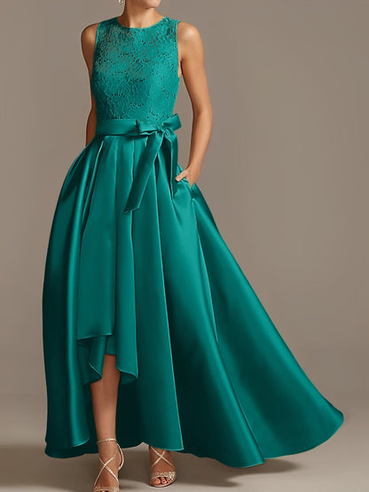 Vestidos de madre de la novia de corte A/princesa, sin mangas, con escote joya y encaje plisado 