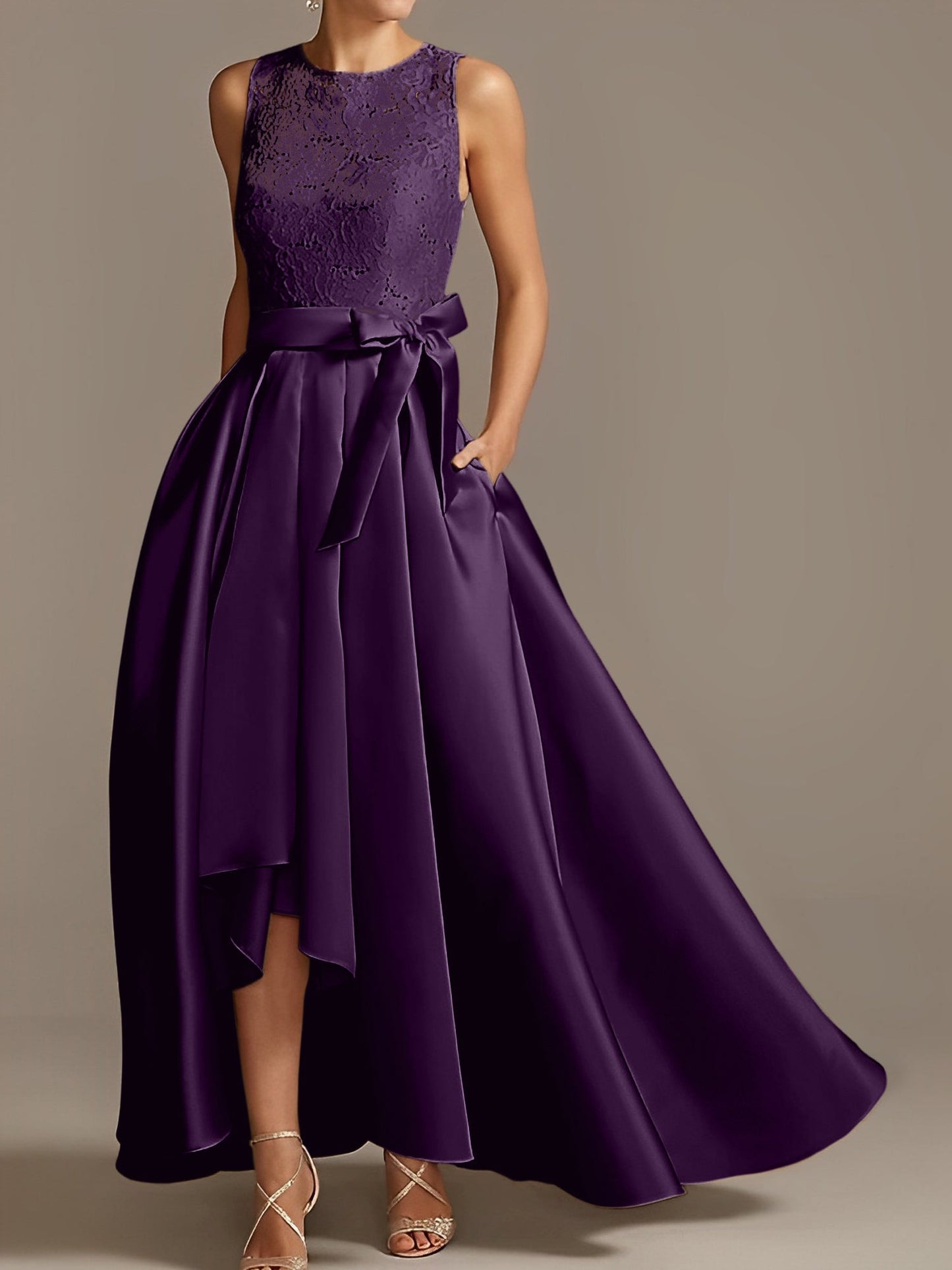 Vestidos de madre de la novia de corte A/princesa, sin mangas, con escote joya y encaje plisado 