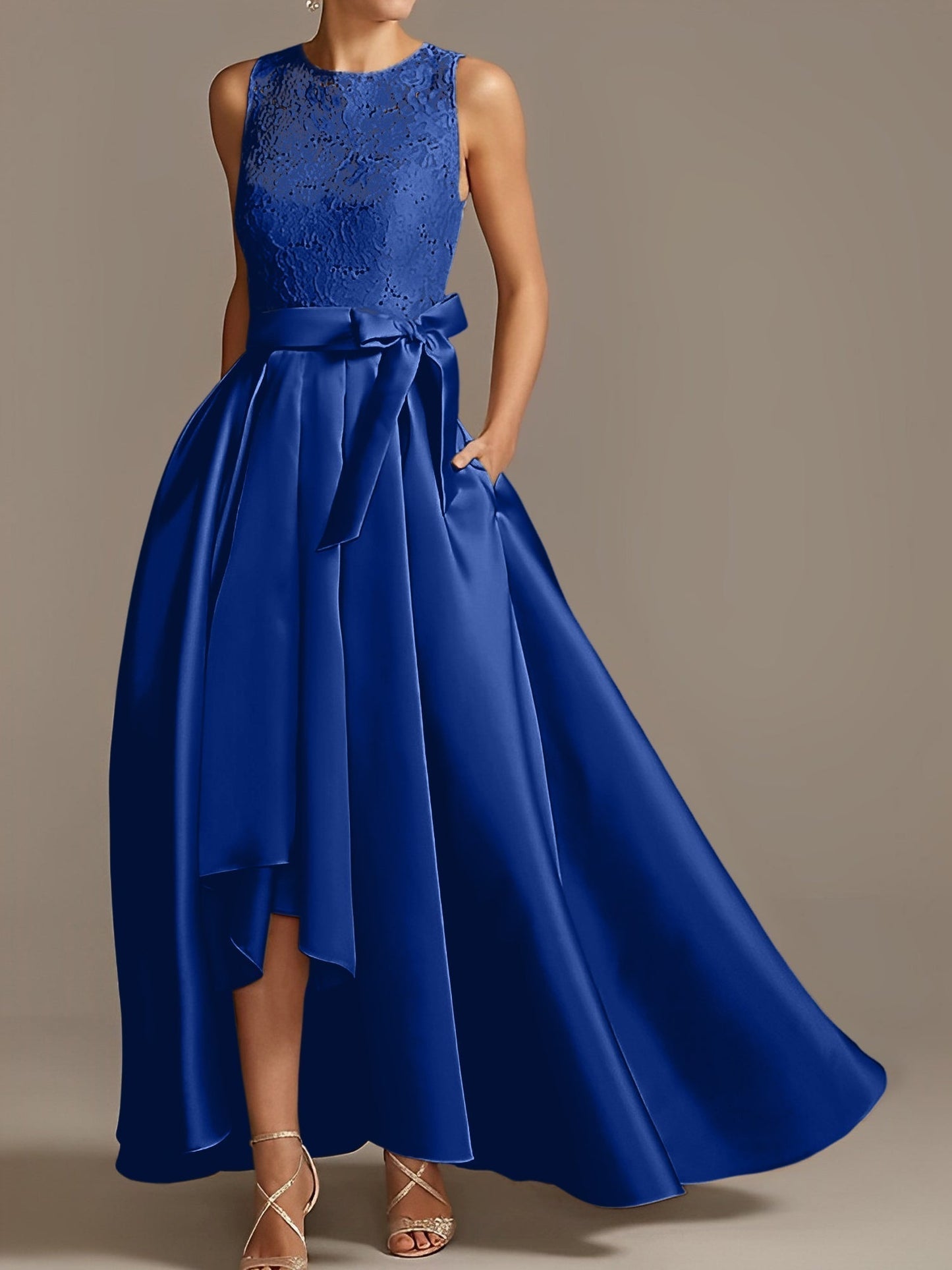 Vestidos de madre de la novia de corte A/princesa, sin mangas, con escote joya y encaje plisado 
