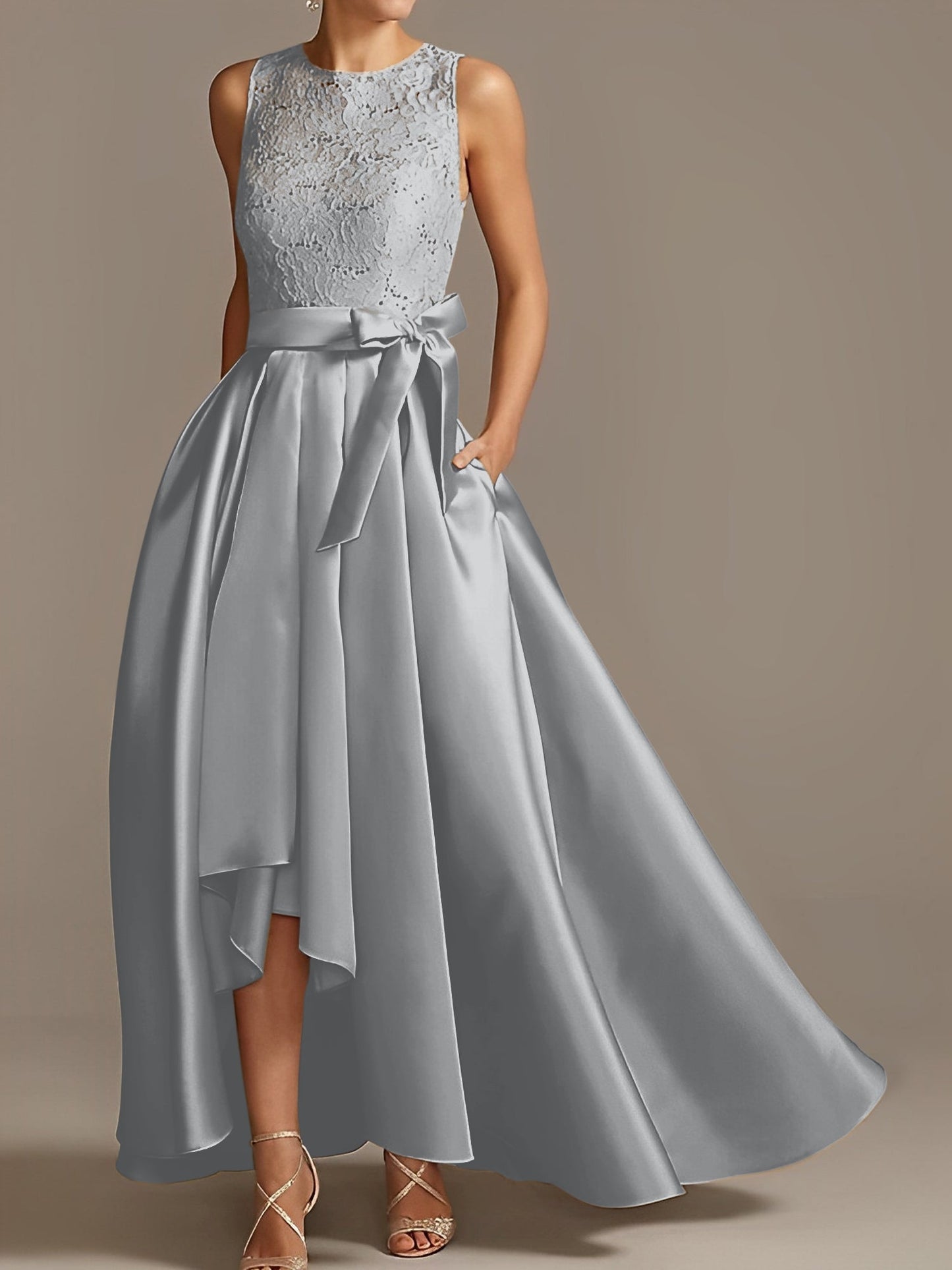 Vestidos de madre de la novia de corte A/princesa, sin mangas, con escote joya y encaje plisado 