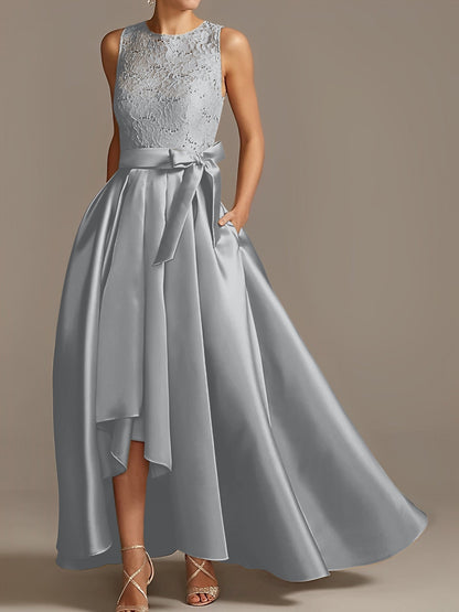 Vestidos de madre de la novia de corte A/princesa, sin mangas, con escote joya y encaje plisado 