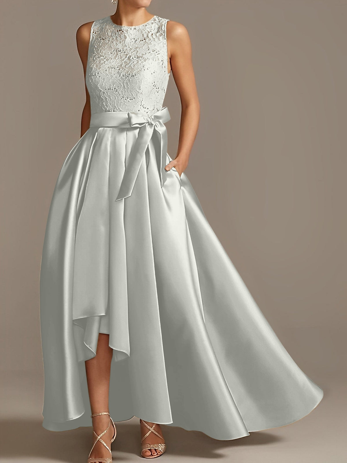 Asymmetrical A Line Sleeveless Mother Of The Bride Dress Jewel Neck Pleats