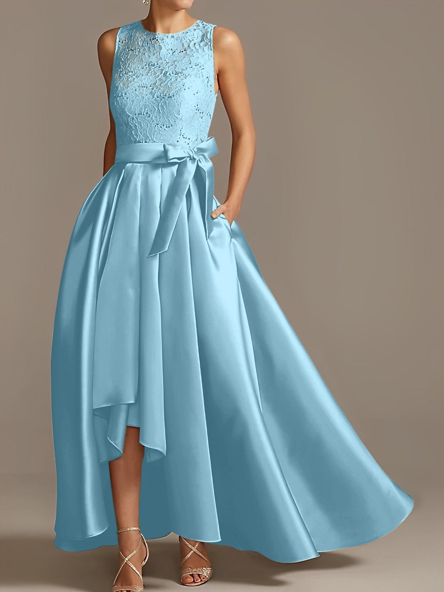 Vestidos de madre de la novia de corte A/princesa, sin mangas, con escote joya y encaje plisado 