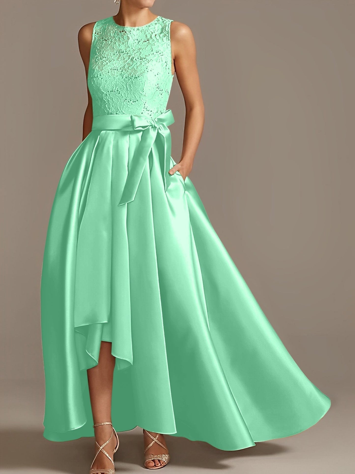 Vestidos de madre de la novia de corte A/princesa, sin mangas, con escote joya y encaje plisado 