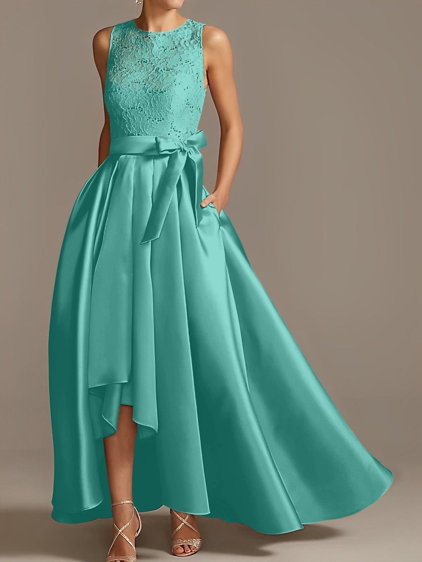 Vestidos de madre de la novia de corte A/princesa, sin mangas, con escote joya y encaje plisado 