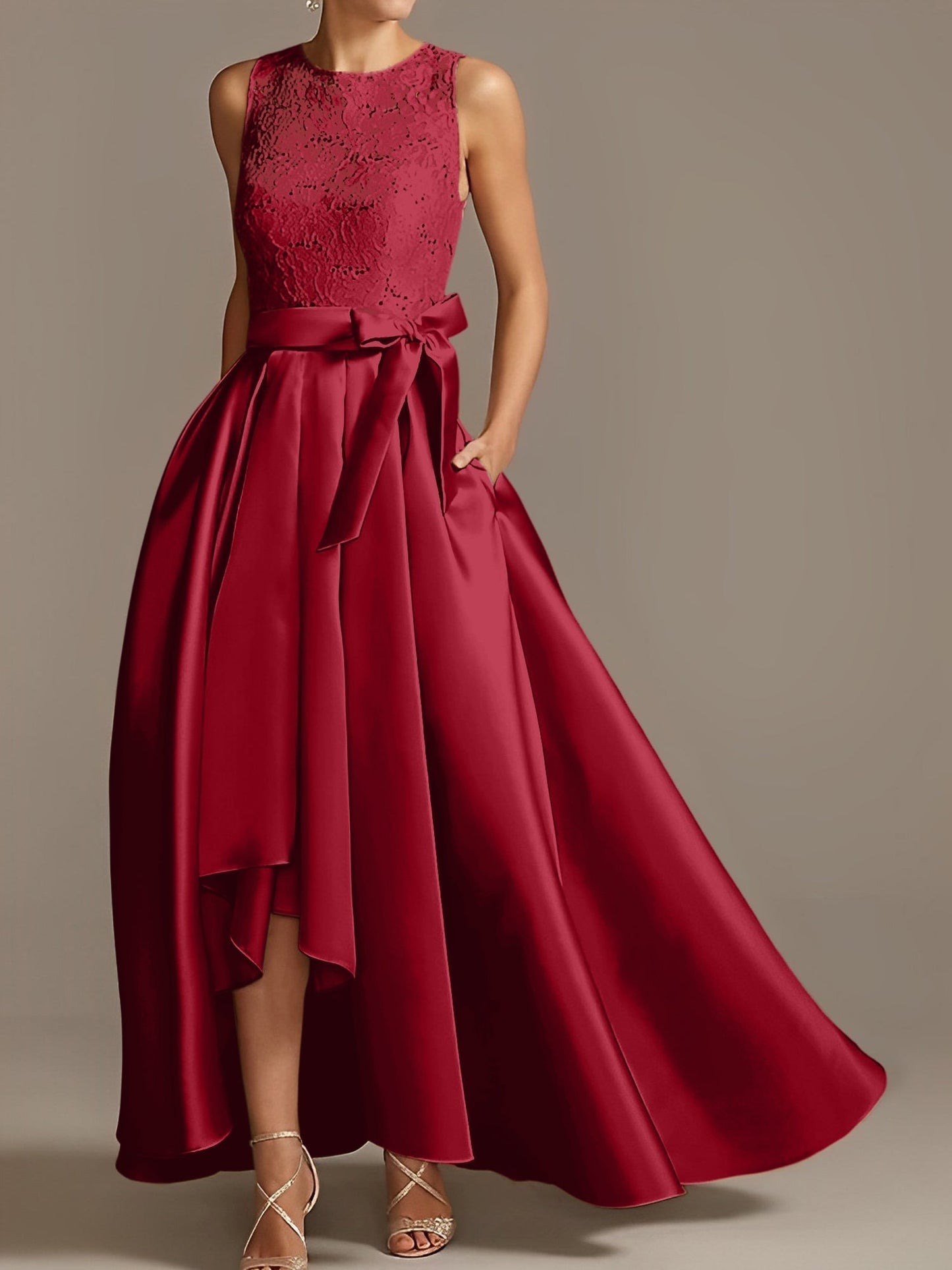 Vestidos de madre de la novia de corte A/princesa, sin mangas, con escote joya y encaje plisado 