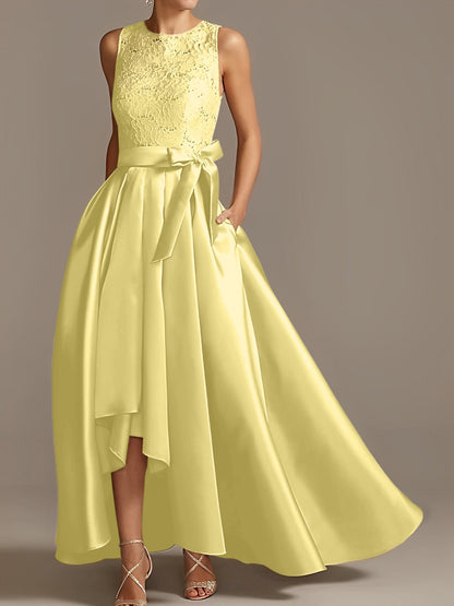 Vestidos de madre de la novia de corte A/princesa, sin mangas, con escote joya y encaje plisado 