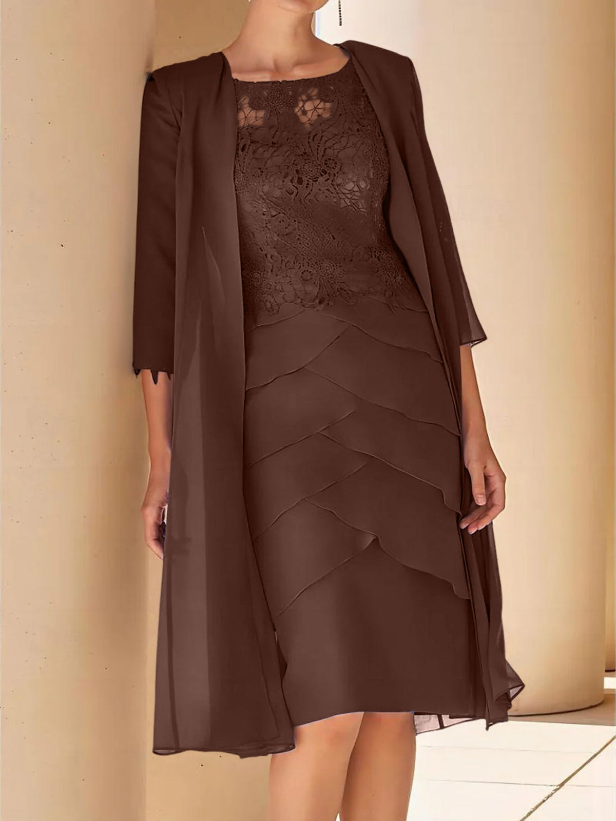 Mother Of The Bride Lace Sheath Dress With Short Sleeves Knee Length