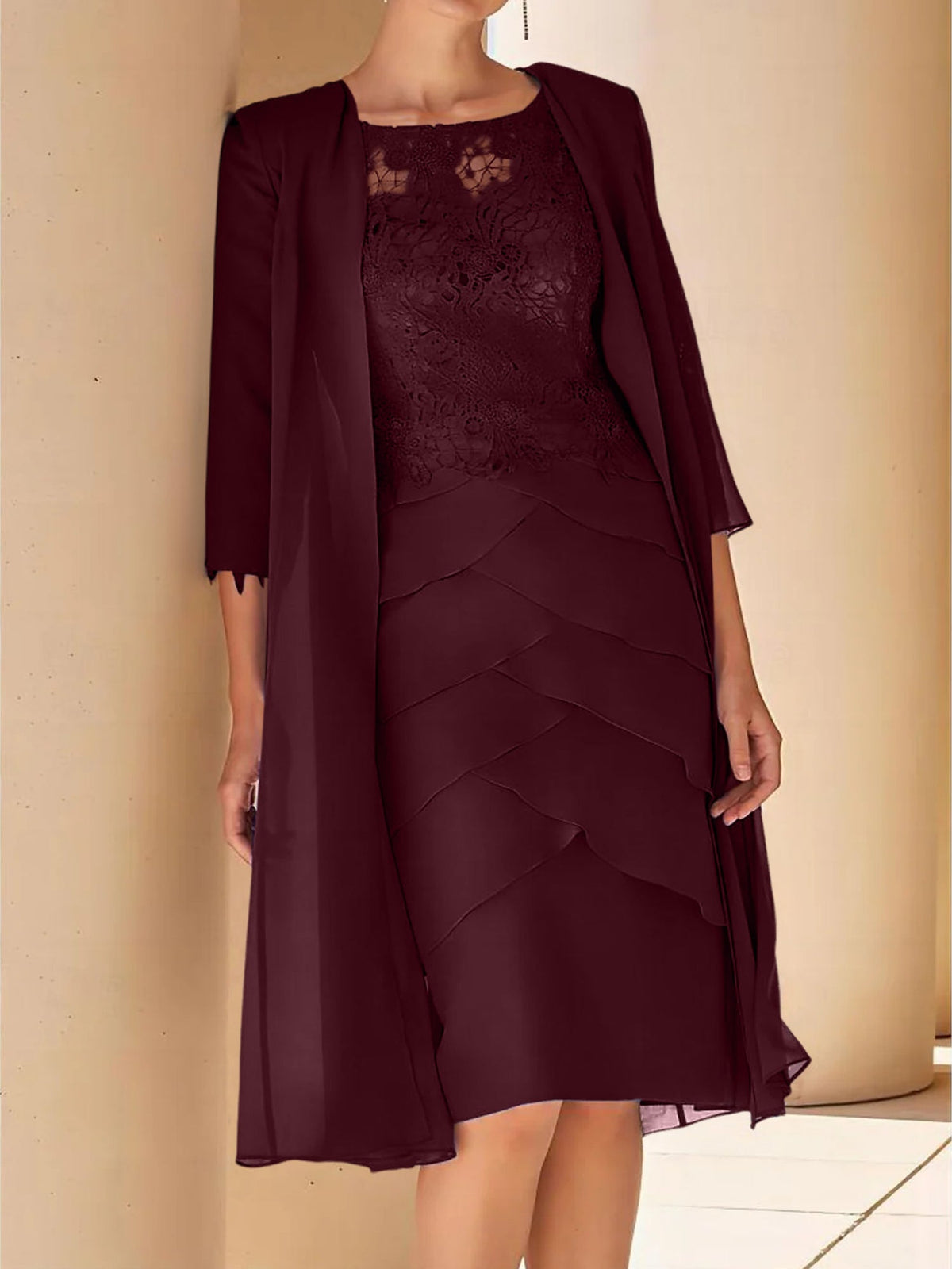 Mother Of The Bride Lace Sheath Dress With Short Sleeves Knee Length