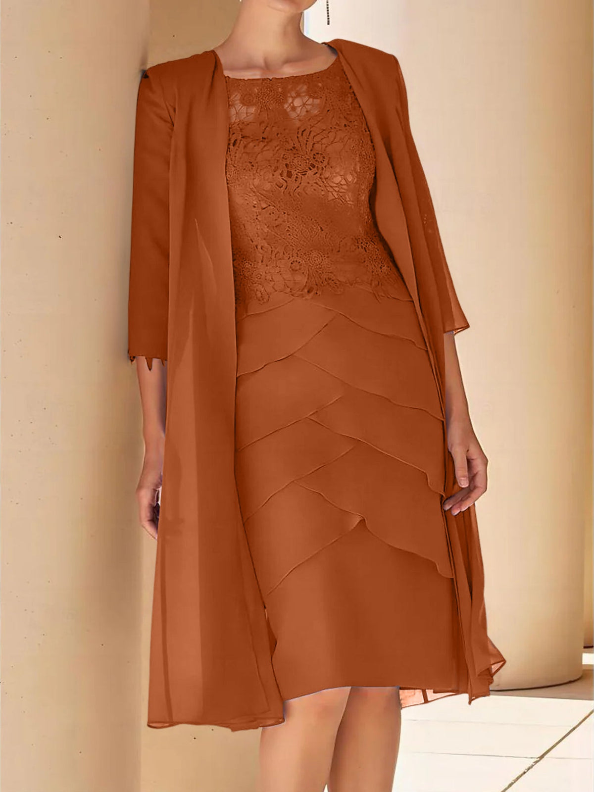Mother Of The Bride Lace Sheath Dress With Short Sleeves Knee Length