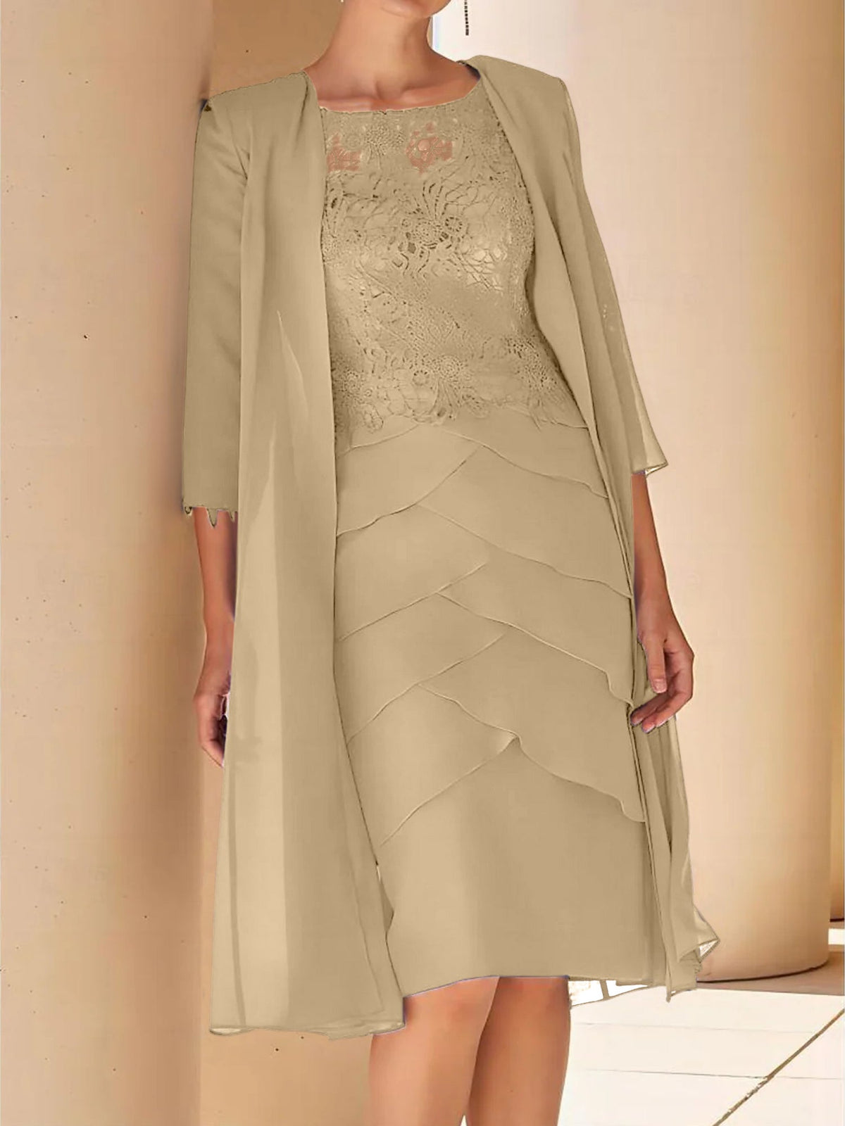 Mother Of The Bride Lace Sheath Dress With Short Sleeves Knee Length