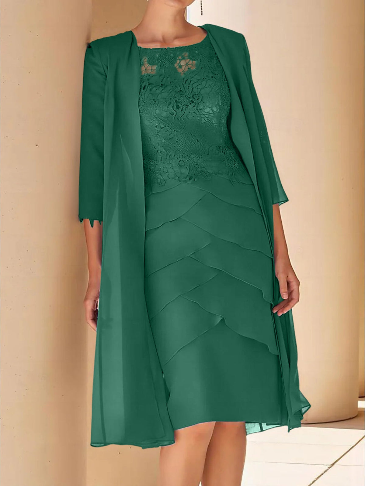 Mother Of The Bride Lace Sheath Dress With Short Sleeves Knee Length