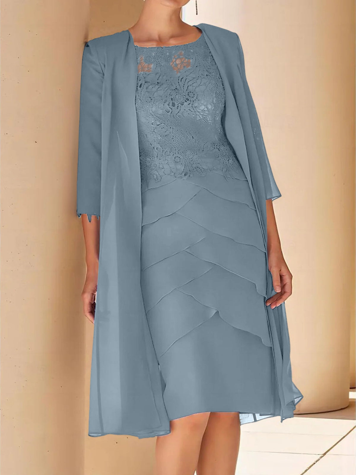 Mother Of The Bride Lace Sheath Dress With Short Sleeves Knee Length