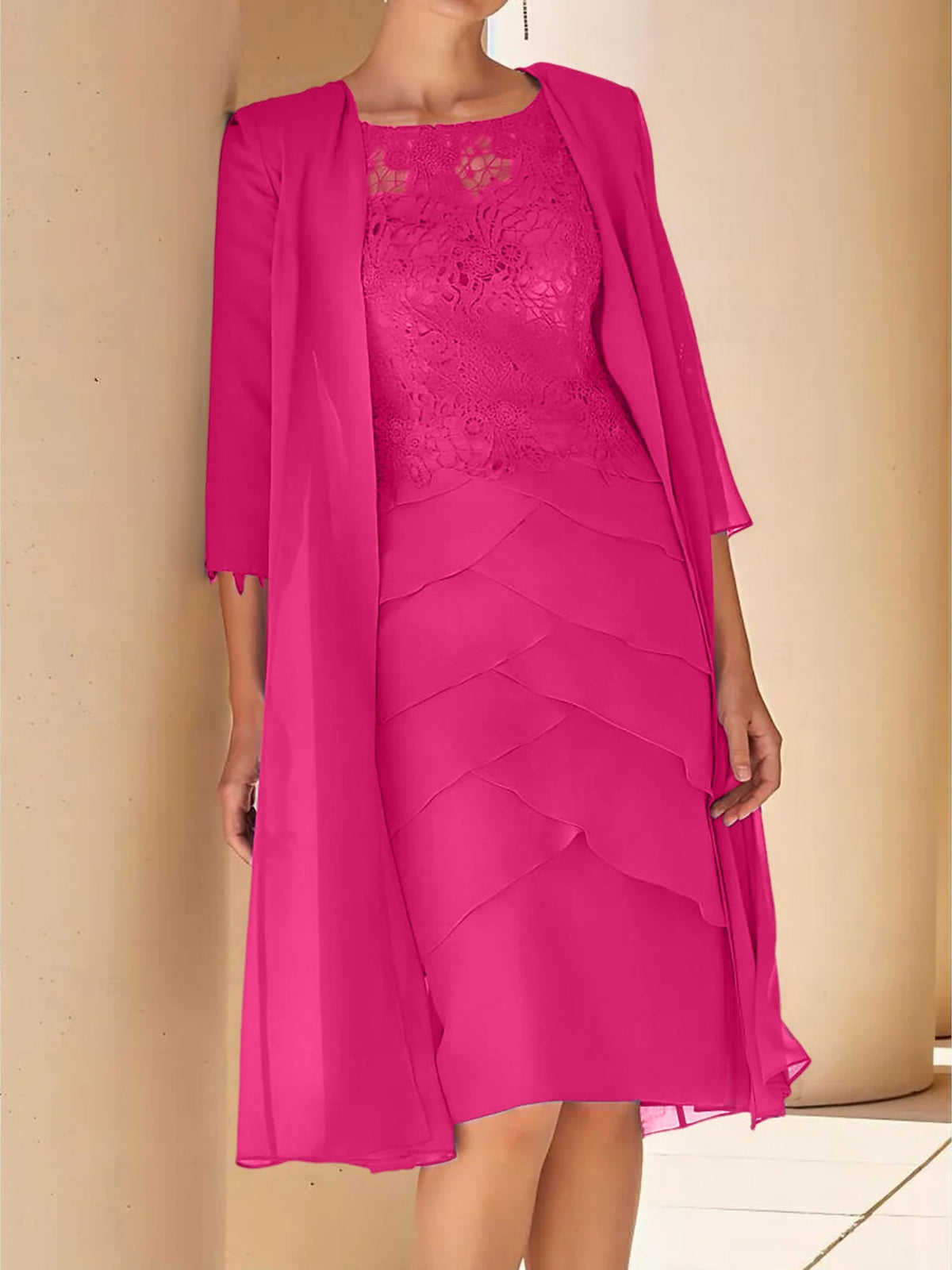 Mother Of The Bride Lace Sheath Dress With Short Sleeves Knee Length