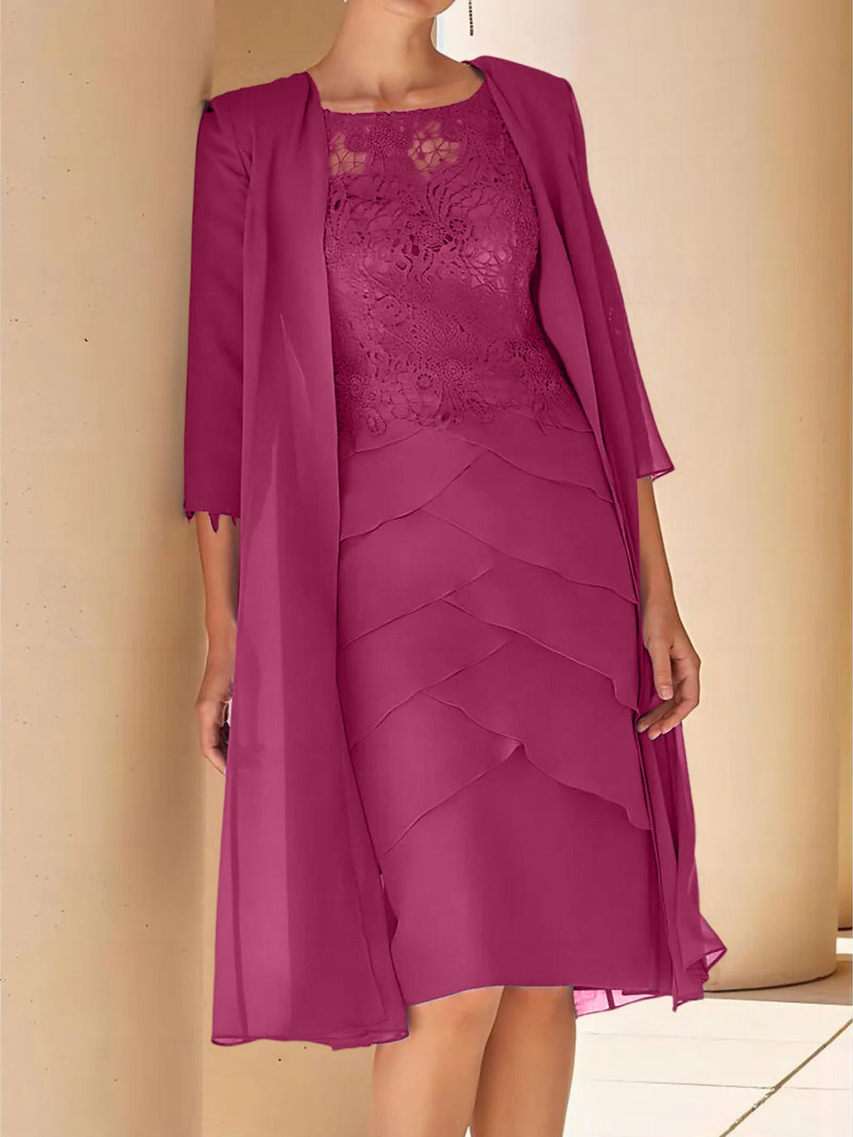 Mother Of The Bride Lace Sheath Dress With Short Sleeves Knee Length