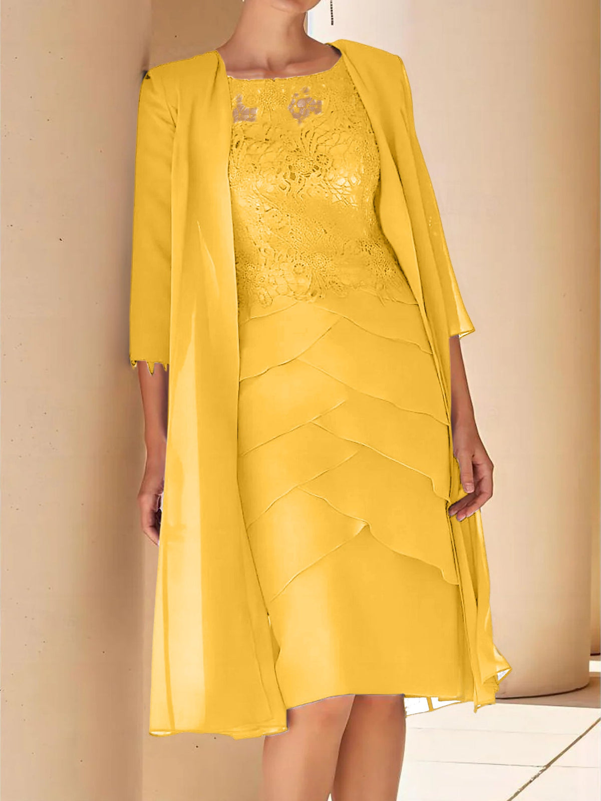 Mother Of The Bride Lace Sheath Dress With Short Sleeves Knee Length