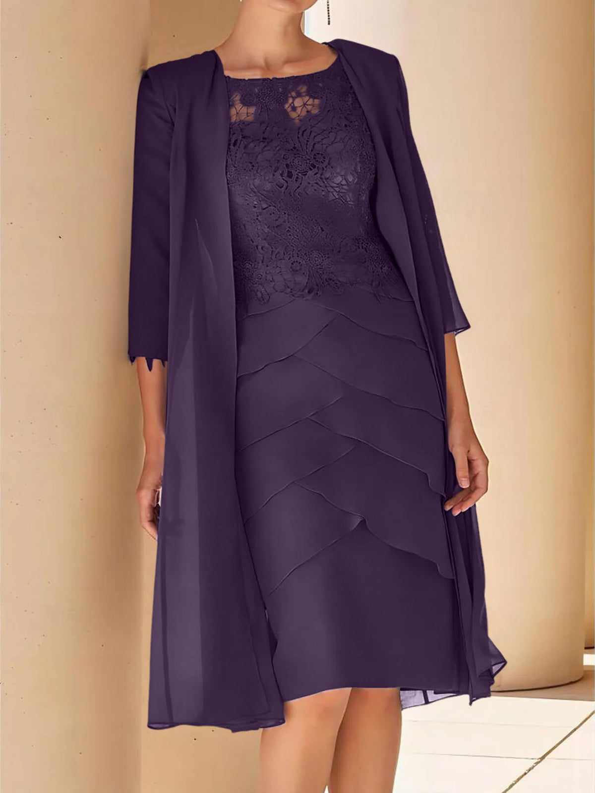 Mother Of The Bride Lace Sheath Dress With Short Sleeves Knee Length