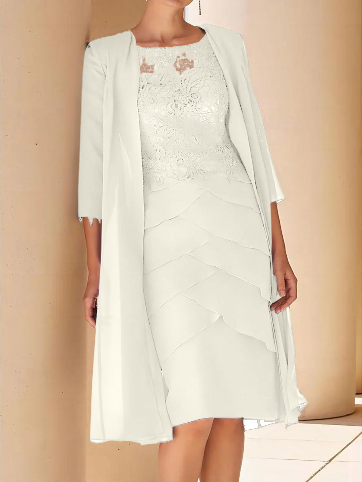 Mother Of The Bride Lace Sheath Dress With Short Sleeves Knee Length