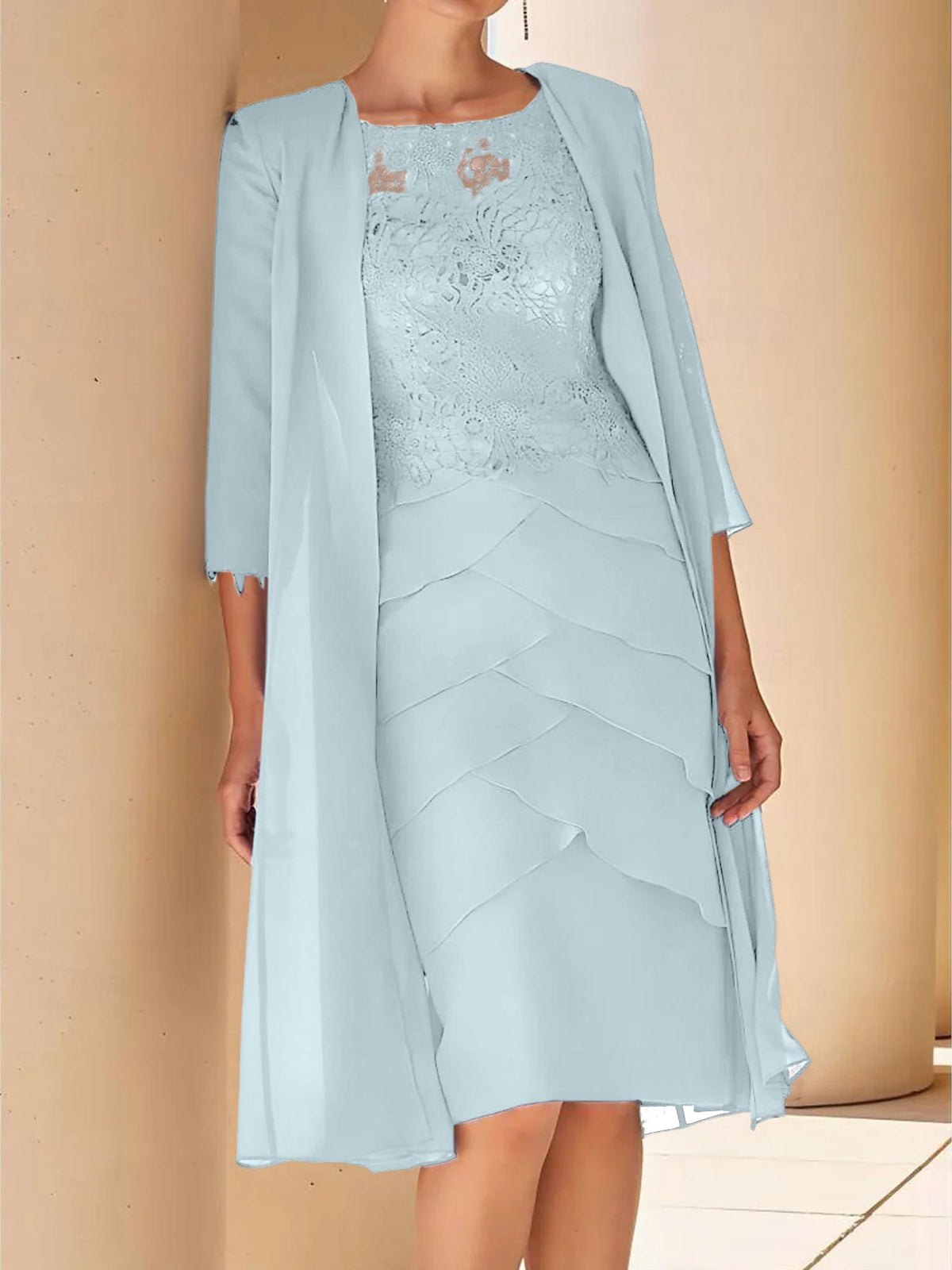 Mother Of The Bride Lace Sheath Dress With Short Sleeves Knee Length