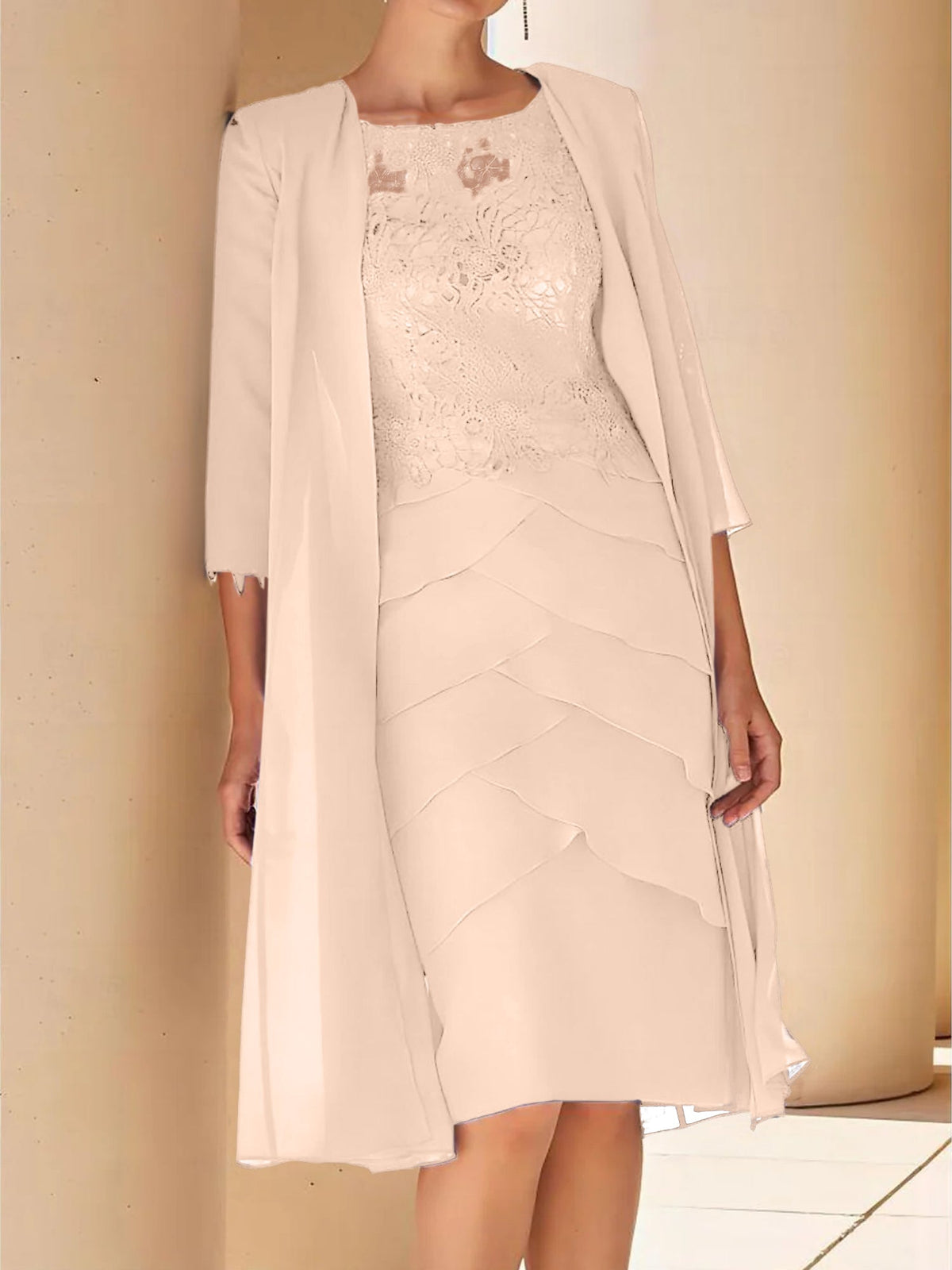 Mother Of The Bride Lace Sheath Dress With Short Sleeves Knee Length