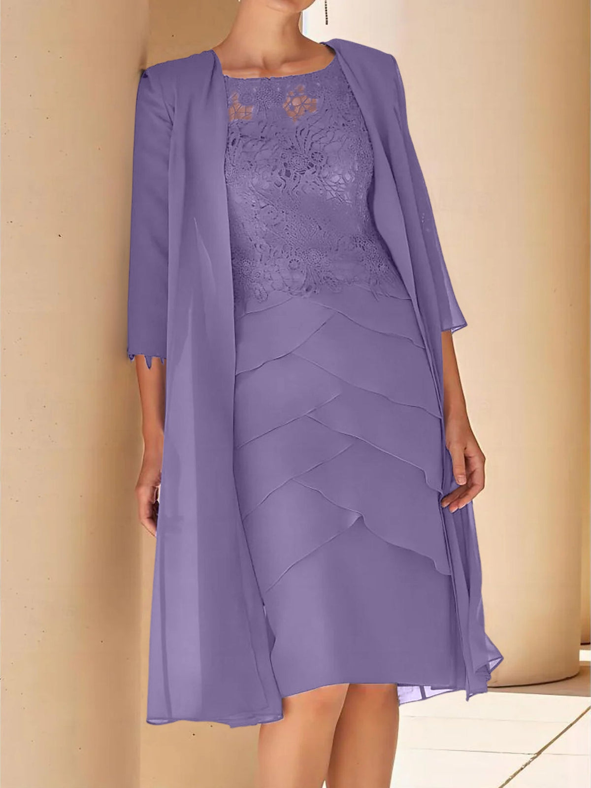 Mother Of The Bride Lace Sheath Dress With Short Sleeves Knee Length