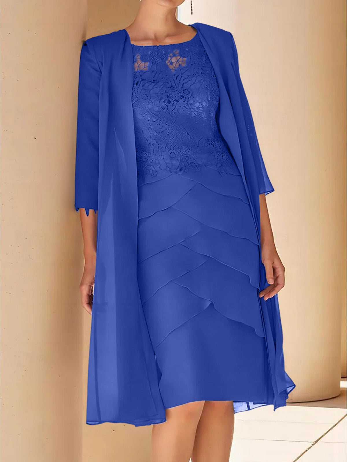 Mother Of The Bride Lace Sheath Dress With Short Sleeves Knee Length