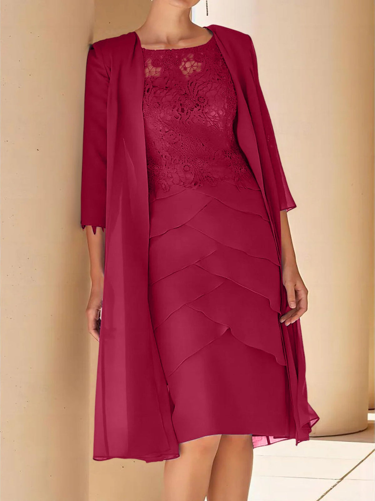 Mother Of The Bride Lace Sheath Dress With Short Sleeves Knee Length