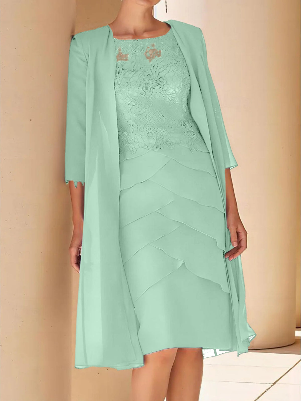 Mother Of The Bride Lace Sheath Dress With Short Sleeves Knee Length