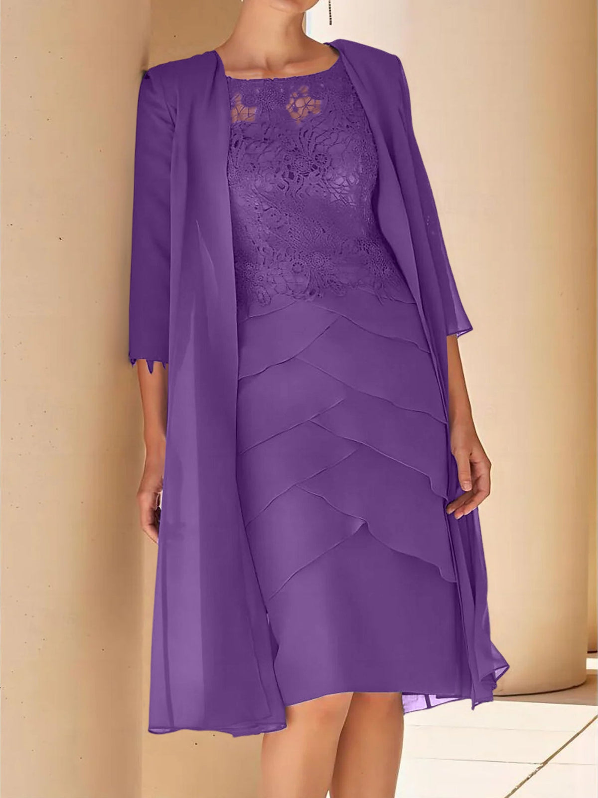 Mother Of The Bride Lace Sheath Dress With Short Sleeves Knee Length