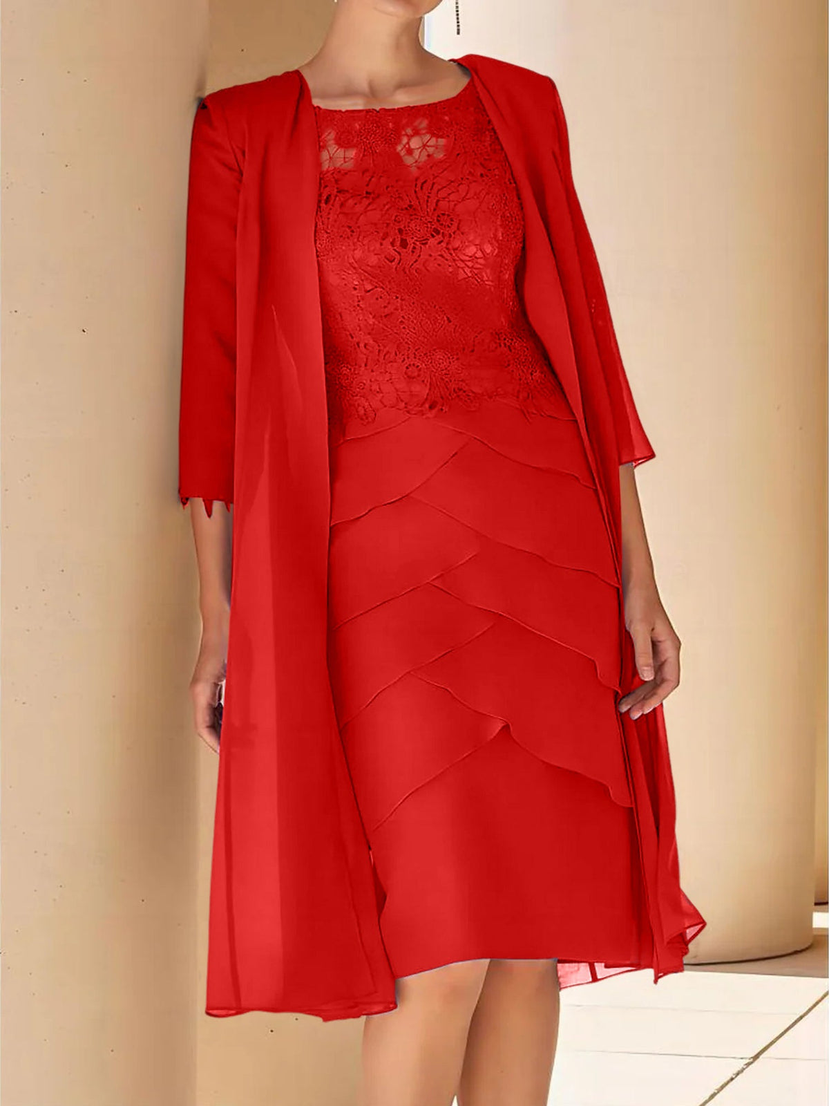 Mother Of The Bride Lace Sheath Dress With Short Sleeves Knee Length
