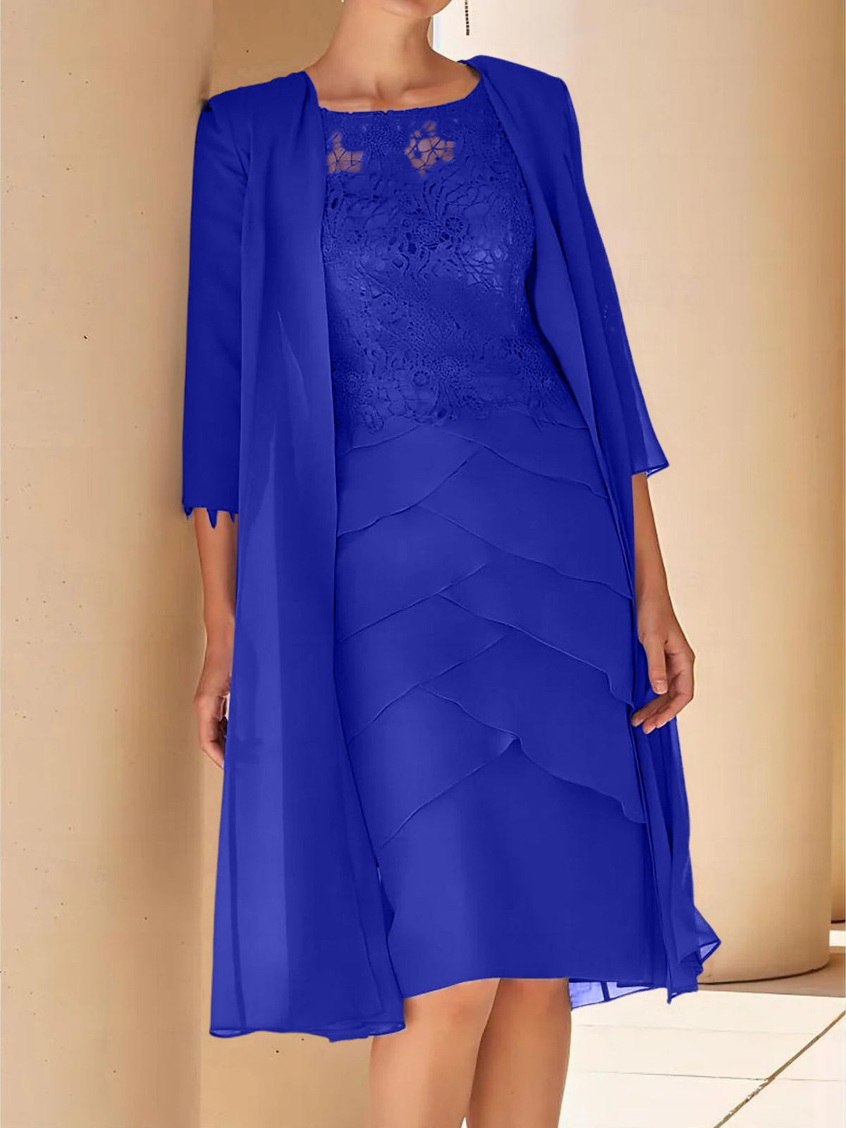 Mother Of The Bride Lace Sheath Dress With Short Sleeves Knee Length