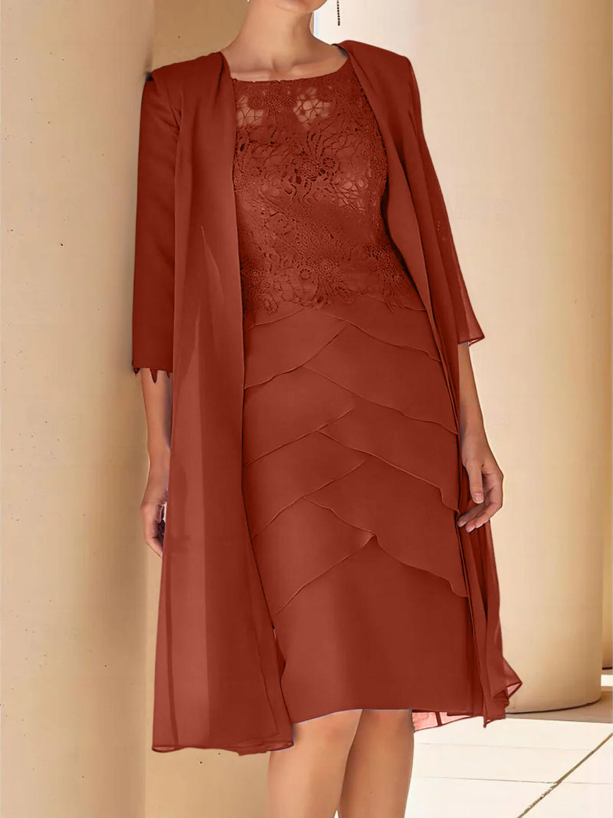 Mother Of The Bride Lace Sheath Dress With Short Sleeves Knee Length