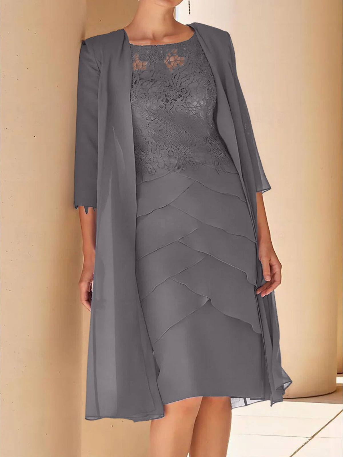 Mother Of The Bride Lace Sheath Dress With Short Sleeves Knee Length