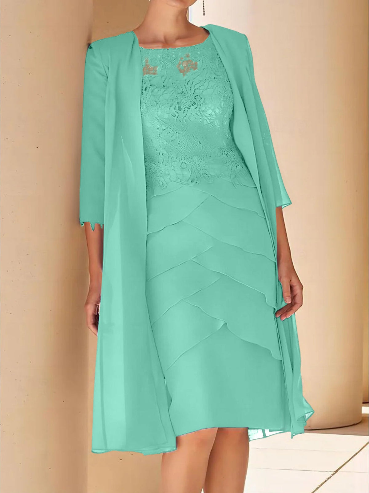 Mother Of The Bride Lace Sheath Dress With Short Sleeves Knee Length