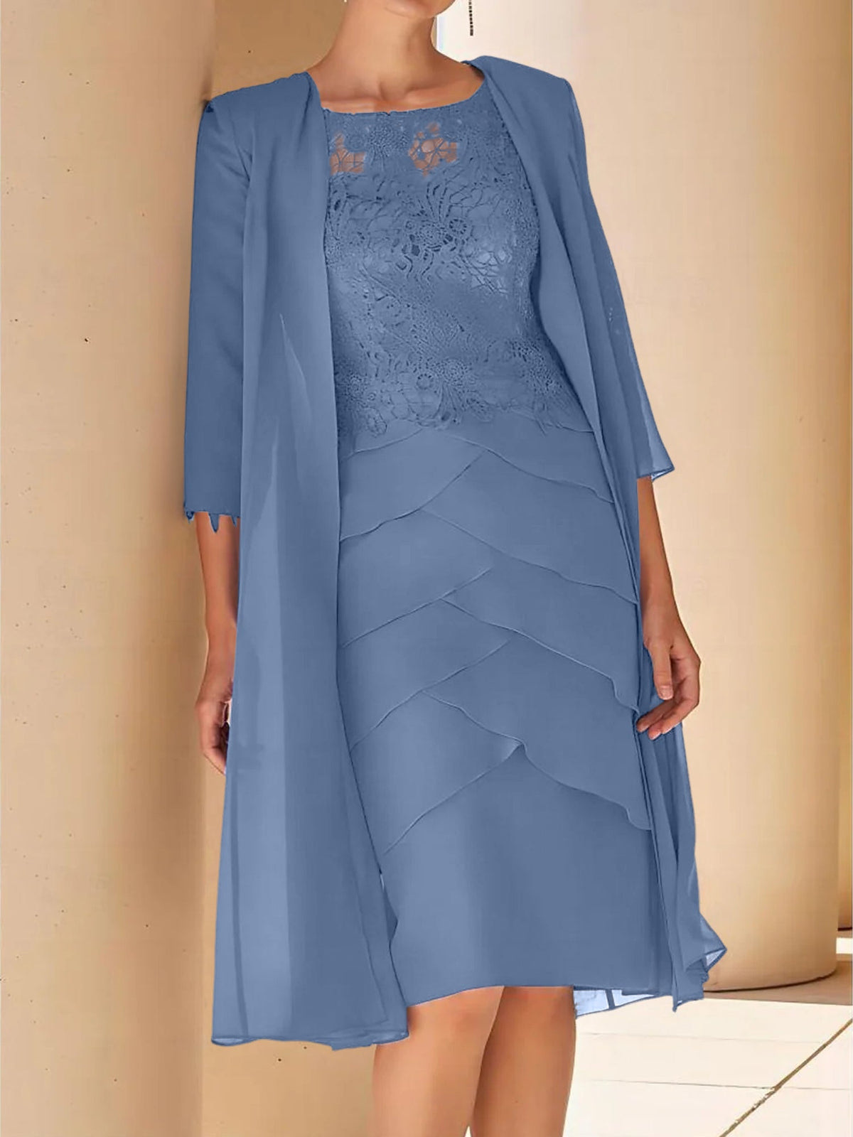 Mother Of The Bride Lace Sheath Dress With Short Sleeves Knee Length