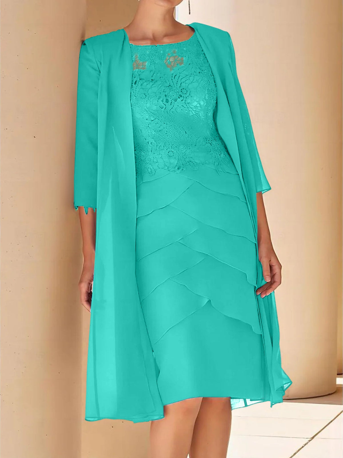 Mother Of The Bride Lace Sheath Dress With Short Sleeves Knee Length