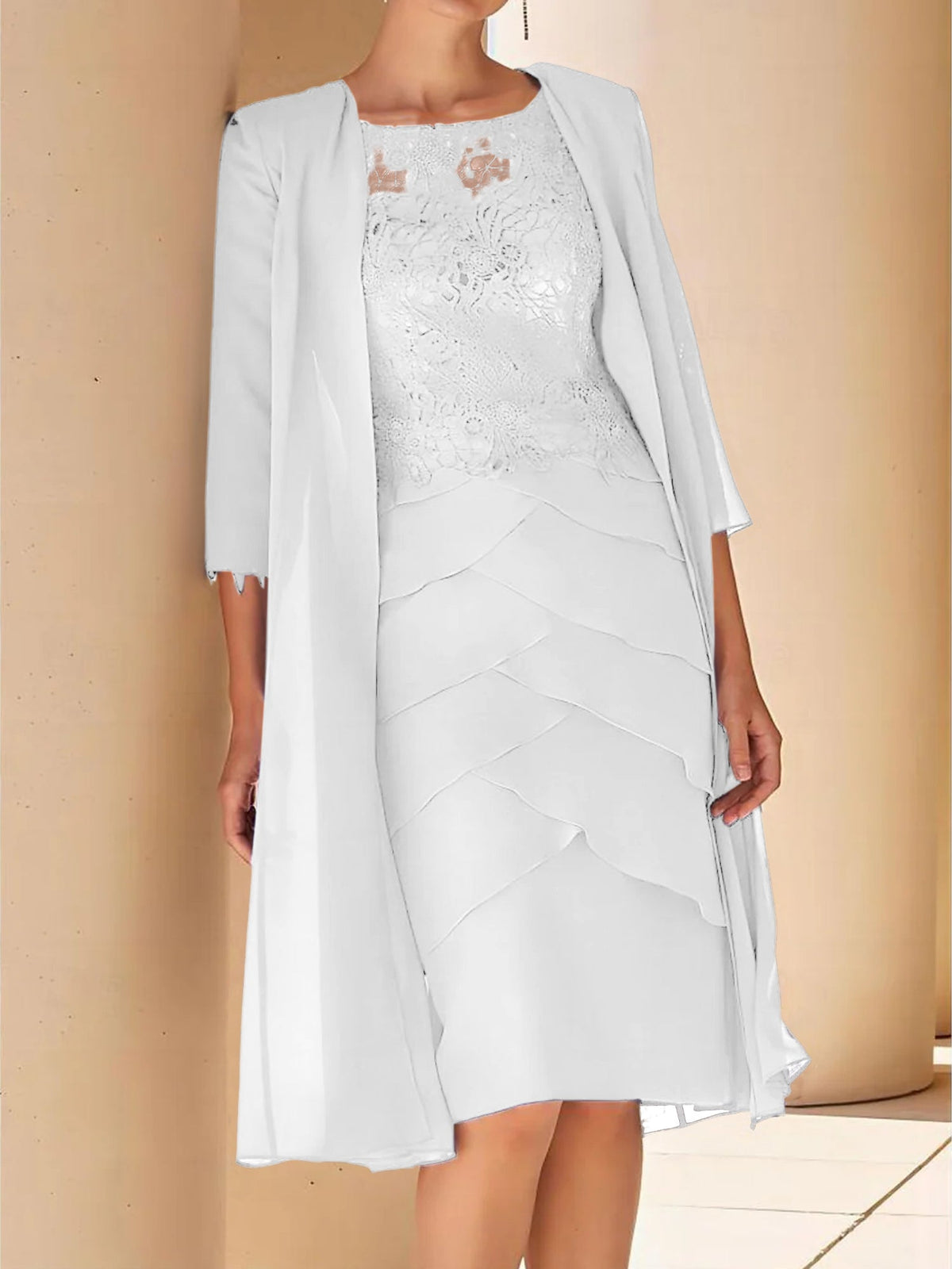 Mother Of The Bride Lace Sheath Dress With Short Sleeves Knee Length