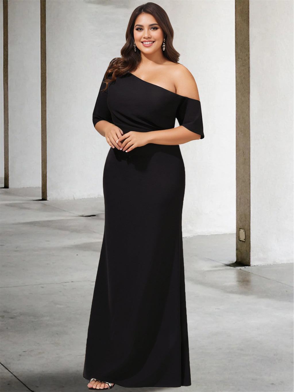 Plus Size Mother Of The Bride Gown A Line Floor Length One Shoulder Sleeve